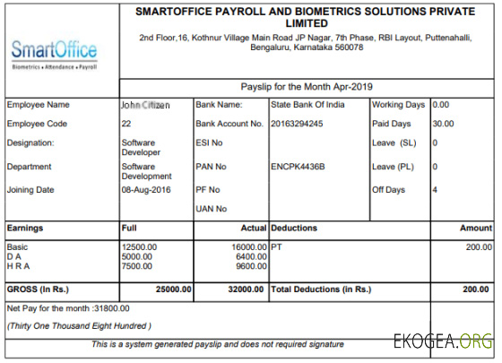 INDE SMARTOFFICE et Biometrics Solutions Private Limited Paie aux formats Word et PDF
